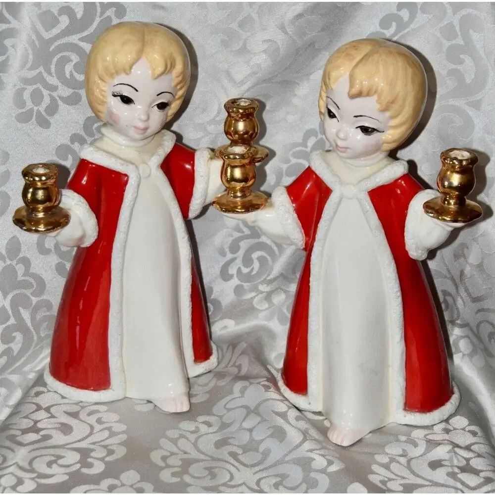 HOLT-HOWARD Christmas Holiday Ceramic Choir Girls Hand Painted Candle Holders